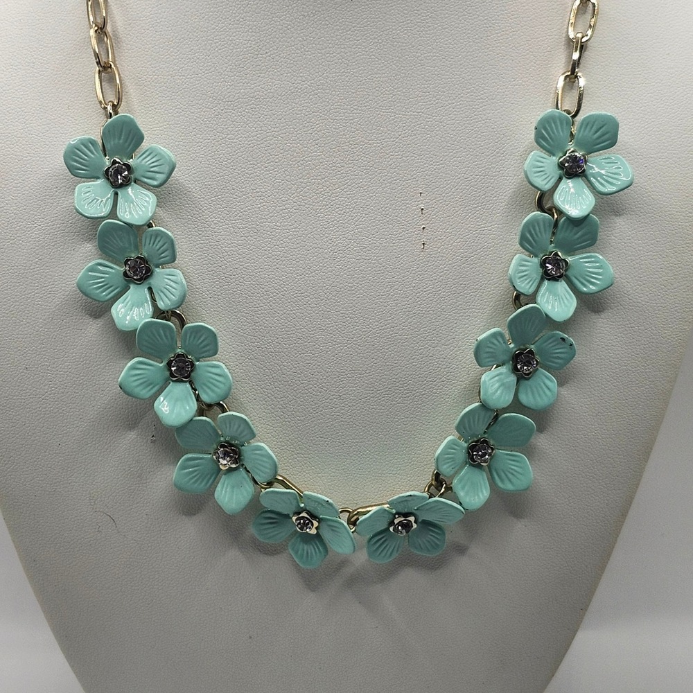 Teal Blue Enamel Flower Statement Necklace Gold Tone Rhinestone Center Floral